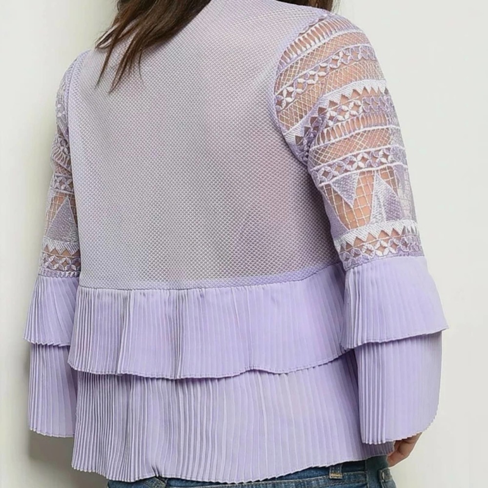 INA Sheer Lace Embro Mesh Pleated Double Ruffle Top Size Large Lavender - Picture 2 of 2